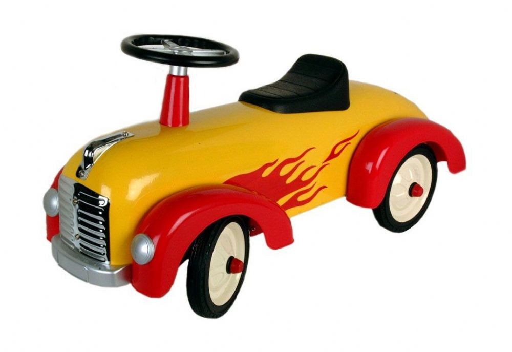 [DAM_8614072] Trotteur-Voiture Jaune-Flammes Rouges en Métal et Plastique.