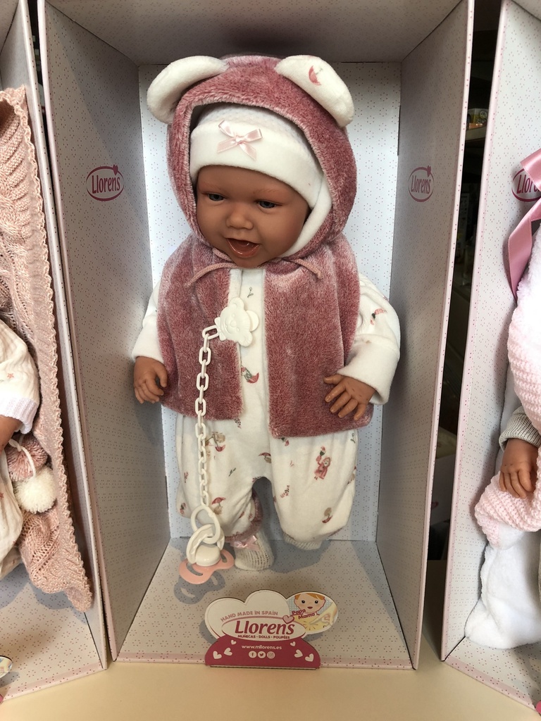 Llorens, Poupon articulé qui pleure, corps en tissu, 42cm, Mimi gilet rose