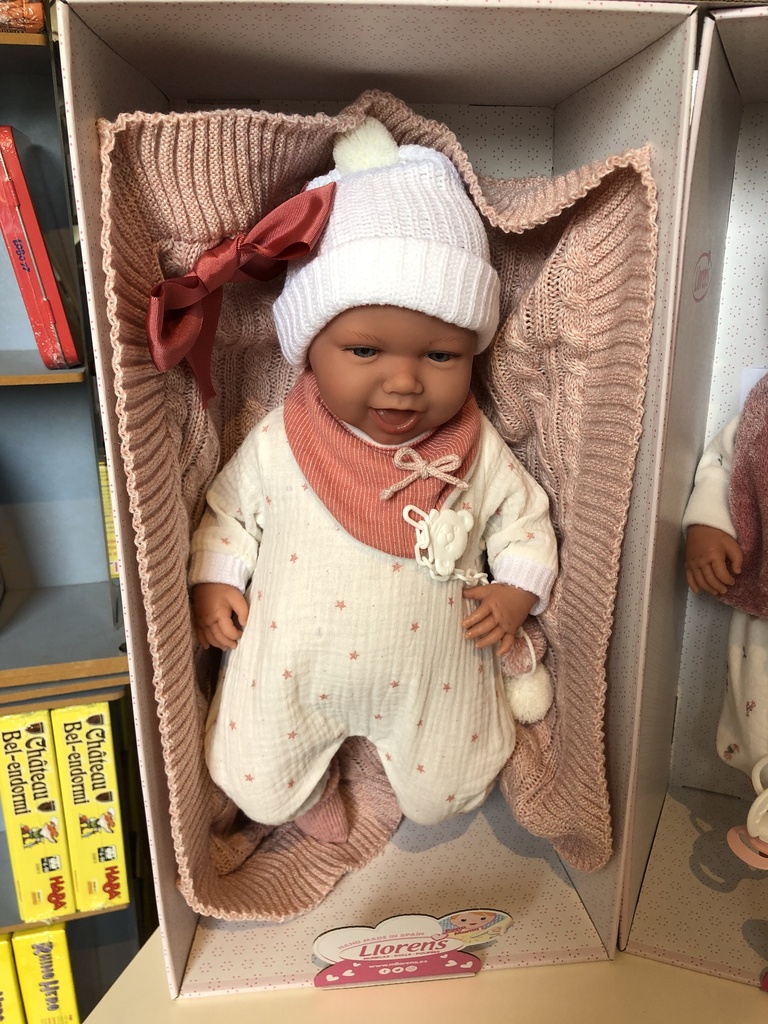 Llorens, Poupon articulé qui pleure, corps en tissu, 42cm, Mimi avec couverture