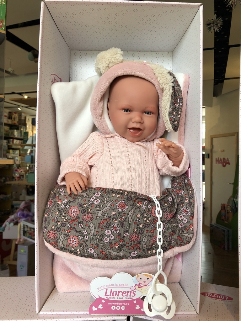 Llorens, Poupon articulé qui pleure, corps en tissu, 42cm, Mimi avec coufin couverture rose