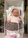 Llorens, Poupon articulé qui pleure, corps en tissu, 42cm, Mimi avec coufin couverture rose