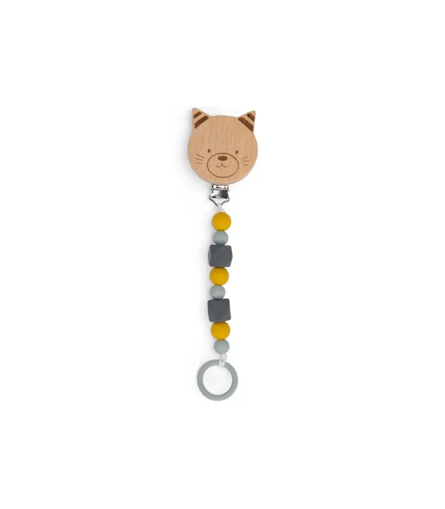 Attache-tétine bois et silicone chat Les Moustaches