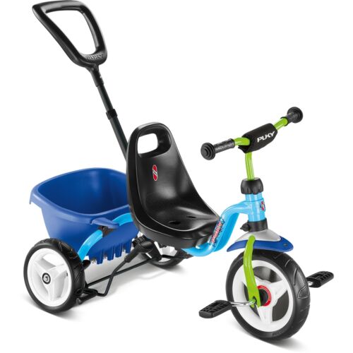 Ceety, tricycle bleu et vert avec barre de guidage