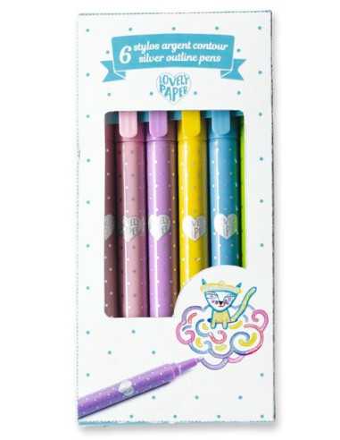 LOVELY  PAPER - ECRIRE, DESSINER 6 stylos argent contour