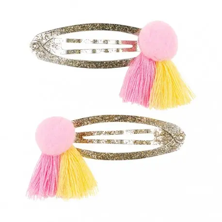 [SOU_104674] Barrettes Benthe, pompons rose et jaune