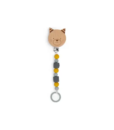 [MOU_666156] Attache-tétine bois et silicone chat Les Moustaches